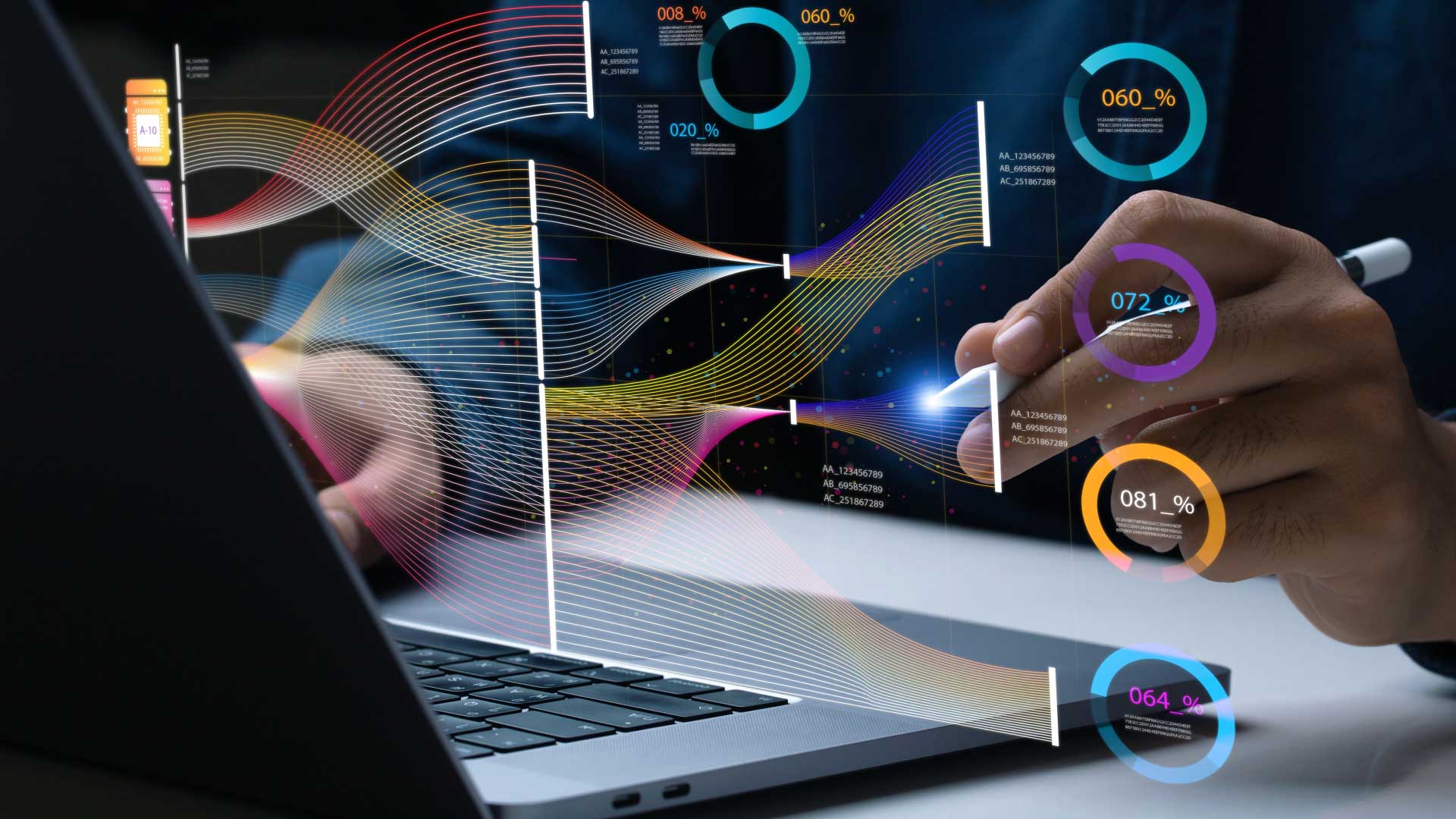 Abstract image of a person using a laptop with various graphs floating around.