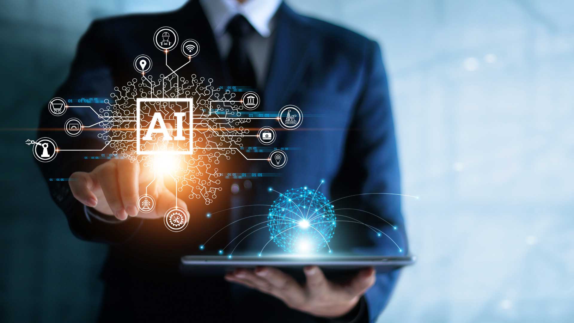 Abstract image of man pointing at screen with AI at his fingertips.