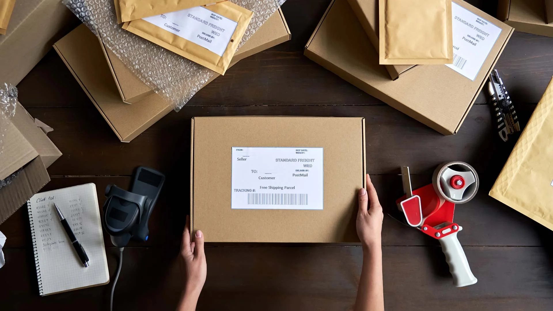 A person holding a box on a table with shipping materials.