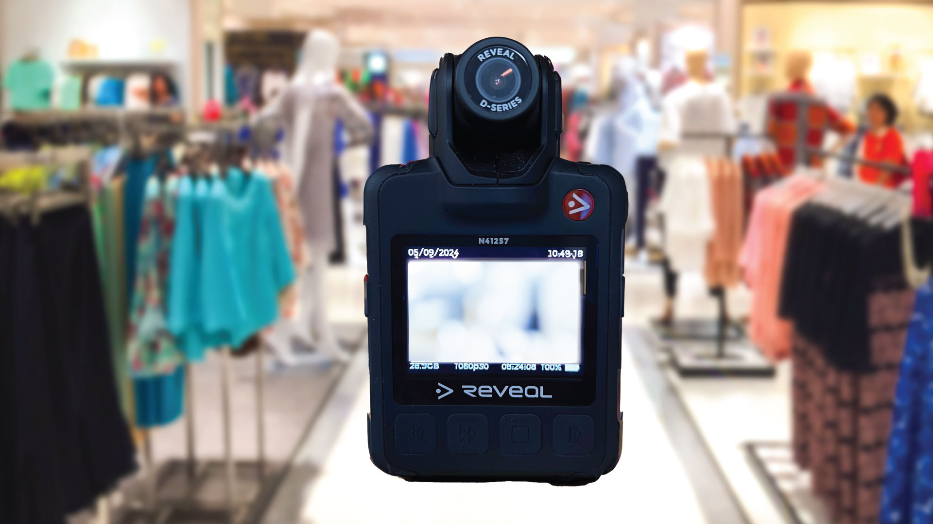 A body camera in front of a blurred image of a retail store.