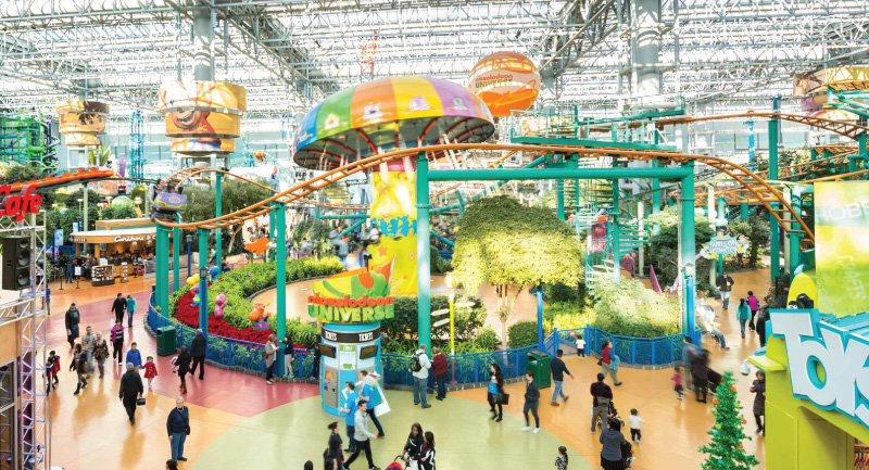 Nickelodeon Universe with people walking and rides.