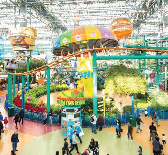 Nickelodeon Universe with rides and people walking around.,