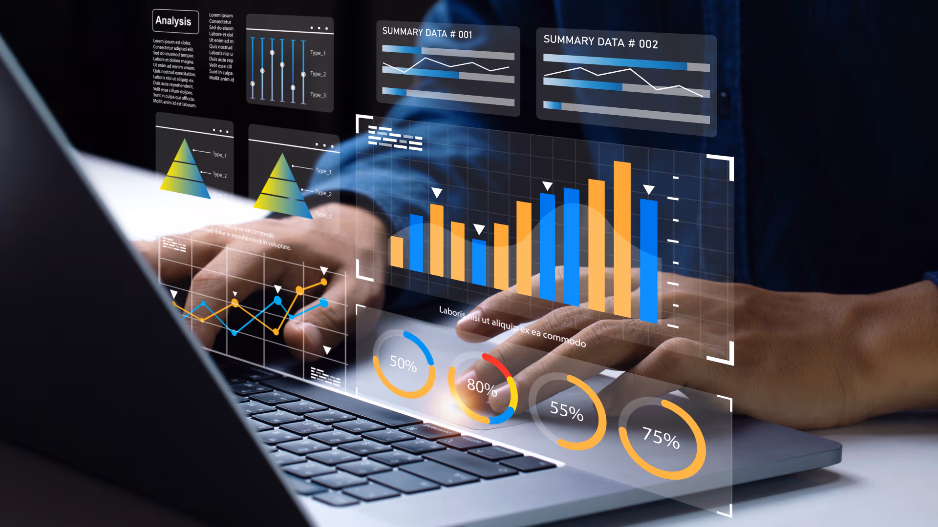 Person using laptop to view abstract AI analytics.