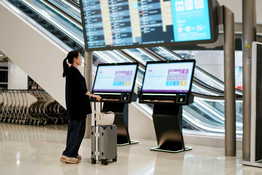 Woman standing in-front of digital signs at an airport.