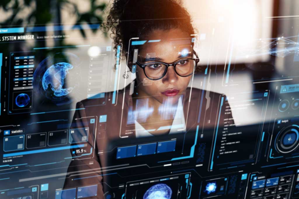 Woman with abstract data images overlaid.