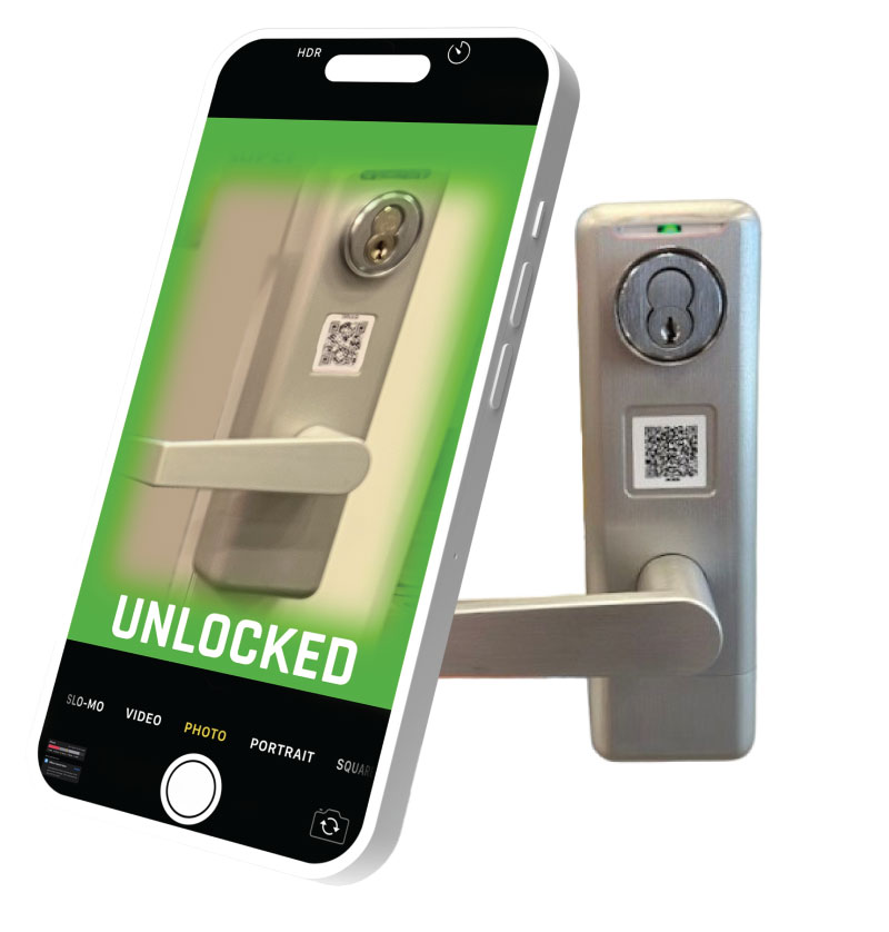 A mobile device being used to unlock a door.